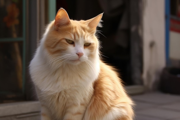 Een kat zit op een veranda.