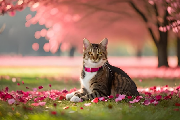 Een kat zit op het gras voor een roze boom.