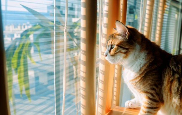 een kat zit voor een raam met de zon die door de blinden schijnt