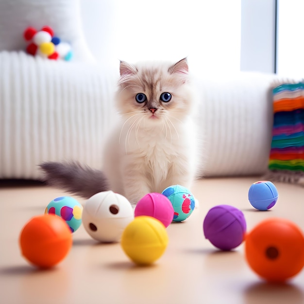 Een kat zit voor een stapel kleurrijke ballen.