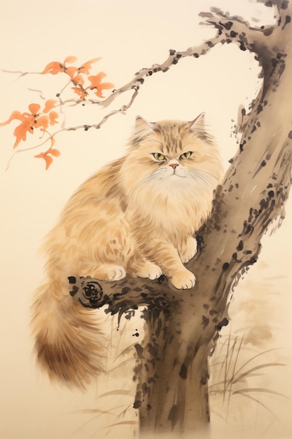 een kat zittend op een tak van een boom