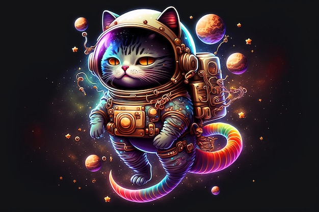 Een kattenastronaut met een regenboogstaart en een ruimtepak.