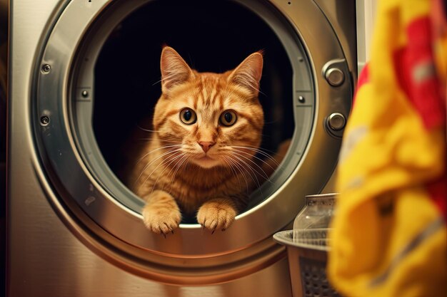 Een kattendetective genaamd Whiskers Paws onderzoekt een geval van verdwijnende sokken in de wasruimte illustratie generatieve ai