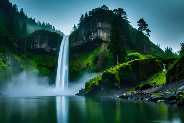 Een keizerlijke waterval omringd door alcoholische groen en kwaad die de baron en de botsing van de natuur toont Creatieve bron AI gegenereerd