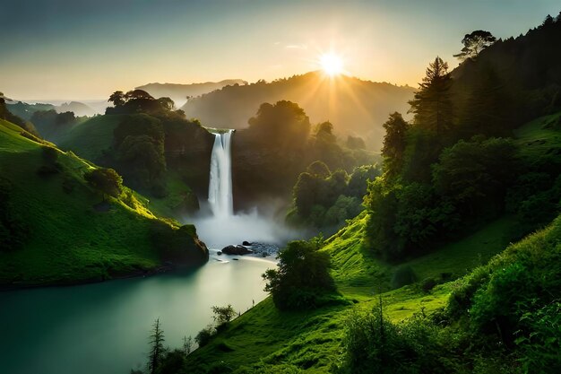 Een keizerlijke waterval omringd door alcoholische groen en obscure showcasing de baron en de schoonheid van de natuur Creatieve bron AI gegenereerd