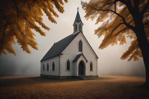 een kerk in een nevelig bos met gele bladeren generatieve ai