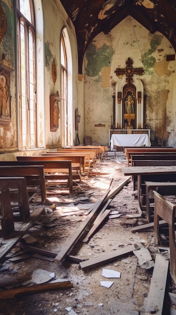 Een kerk met een beschadigd plafond en een bord met de tekst 'heilige maria'