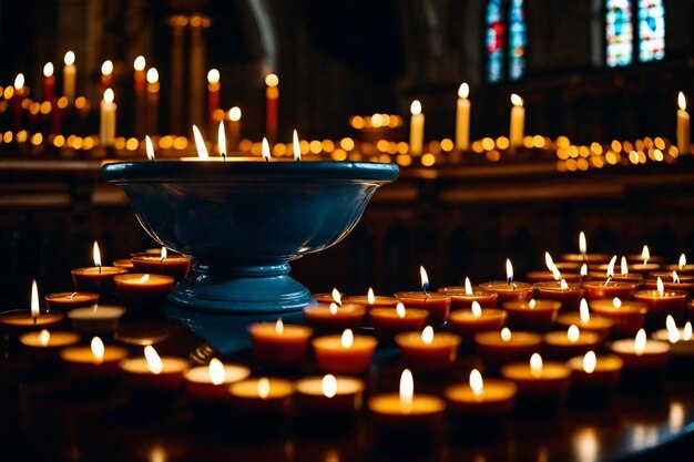 Foto een kerk met een blauwe schaal met kaarsen in het midden