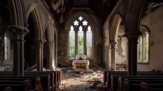 Een kerk met een gebroken raam en een kruis in het midden