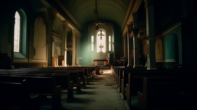 Een kerk met een glas-in-loodraam en een kruis op het plafond