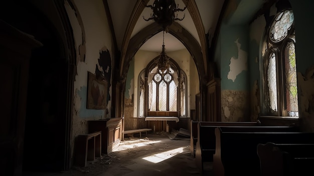 Een kerk met een glas-in-loodraam en een licht aan het plafond