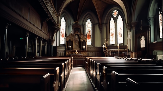 Een kerk met een glas-in-loodraam en kerkbanken