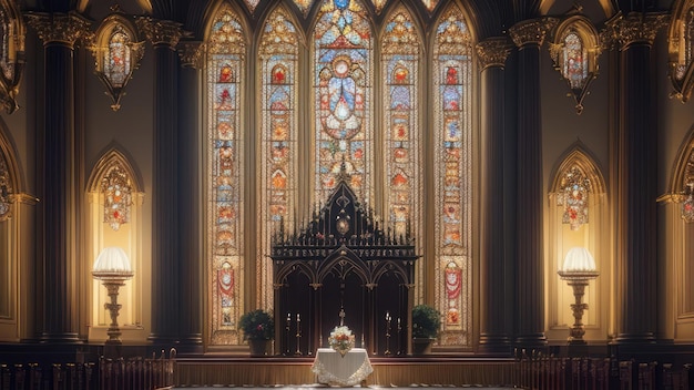 Een kerk met een glas-in-loodraam op de achtergrond