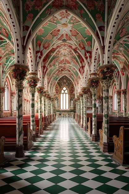 een kerk met een groene en rode tegelvloer en een groen en rode tegelfloer