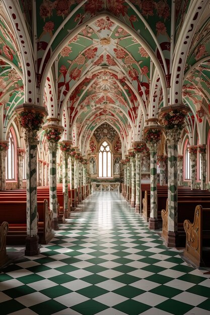 een kerk met een groene en rode tegelvloer en een groen en rode tegelfloer