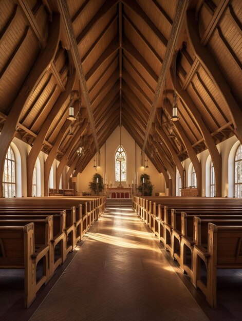 Foto een kerk met een houten bank waarop staat 