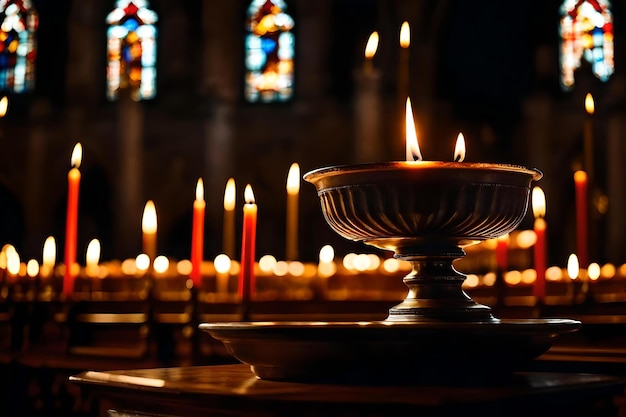 Foto een kerk met een kaars in het midden van de kaarsen