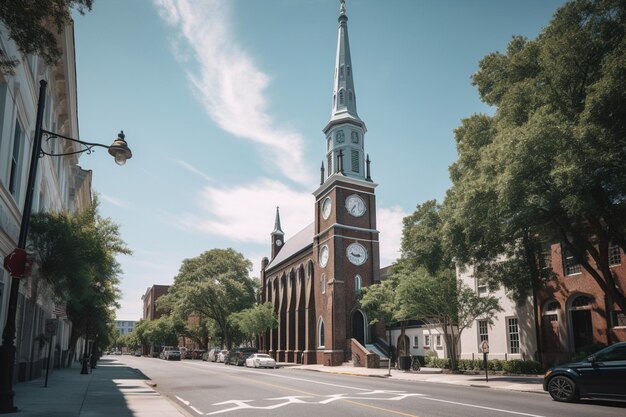 Een kerk met een klok erop