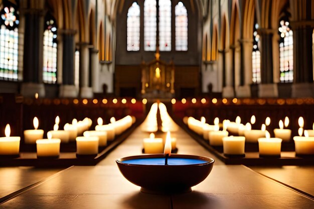 Foto een kerk met een kom water en kaarsen