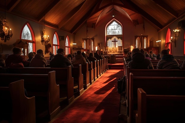 Een kerk met een kruis bovenop het altaar.