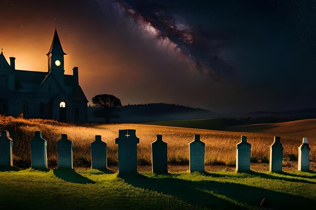 Foto een kerk met een volle maan erachter