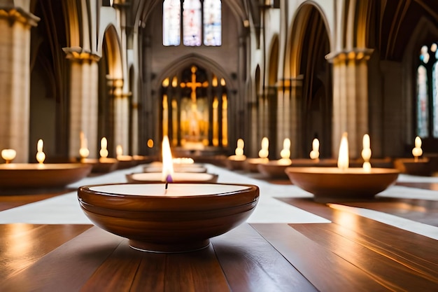 Foto een kerk met kaarsen en een kerk met een kruis op de achtergrond