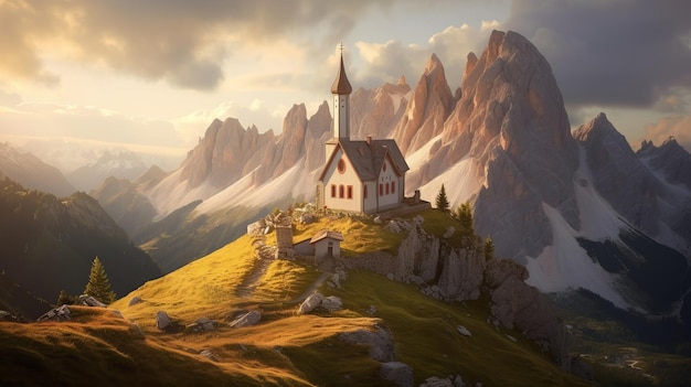 Een kerk op een berg met een berg op de achtergrond