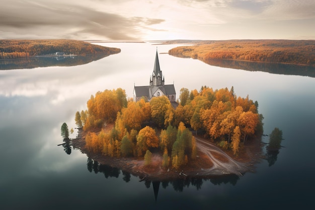 Een kerk op een eiland in het midden van een meer Generatief AI-beeld