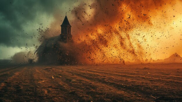 Foto een kerk wordt overspoeld door een enorme explosie van stof.