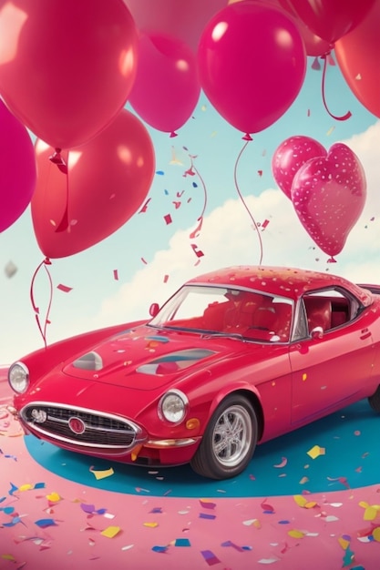 Een kersenrode sportwagen zoeft langs een levendige reeks ballonnen, slingers en confetti