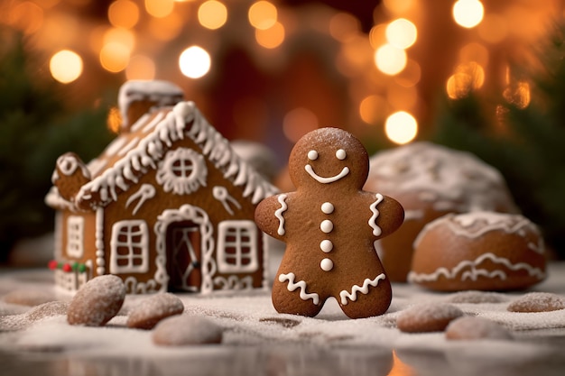 Een kerst gemberbrood huis met een gemberbrooden man aan de buitenkant versierd in de geest van Kerstmis AI gegenereerd