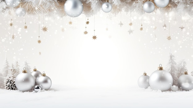 Foto een kerst- of nieuwjaarsbanner op een sneeuwwitte achtergrond de banner is elegant ingelijst door bijpassende witte kerstversieringen die een serene winterwonderlandatmosfeer creëren