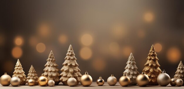 Een kerstboom en gouden ballen op een houten tafel