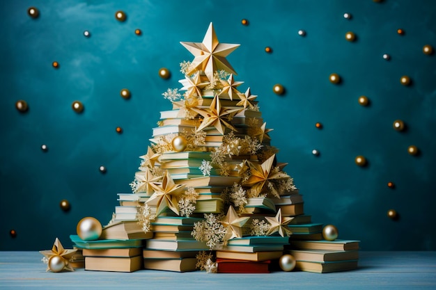 Een kerstboom gemaakt van boeken in kleurrijke stof bedekt Kerstmis en Nieuwjaar