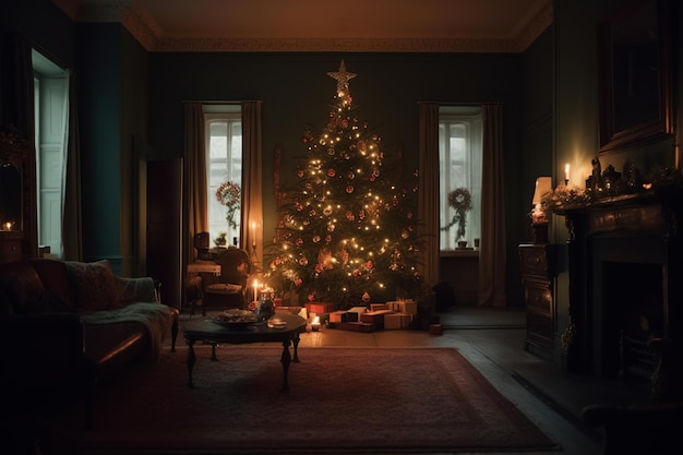 Een kerstboom in een donkere kamer met een open haard en een kerstboom in de hoek.