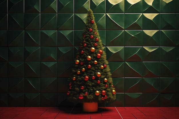 Een kerstboom in een groene kamer met rode ballen aan de muur.