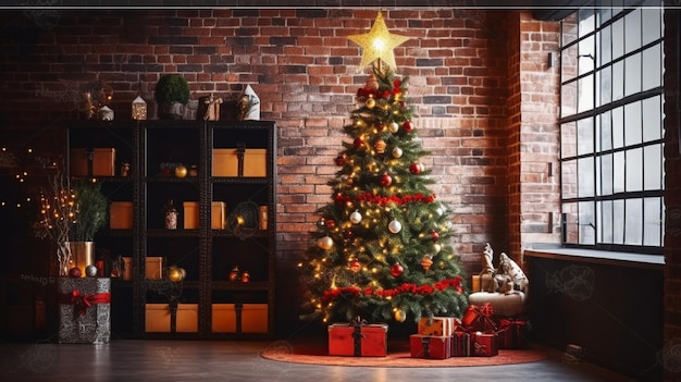 Een kerstboom in een huiskamer met een rood-witte ster erop.