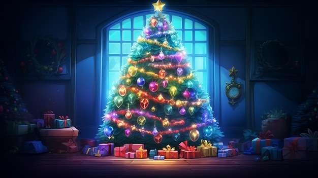 een kerstboom in een kamer met geschenken