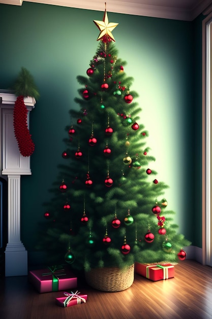 Een kerstboom in een kamer met rode en groene ornamenten