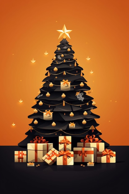 een kerstboom met een doos met cadeautjes erop