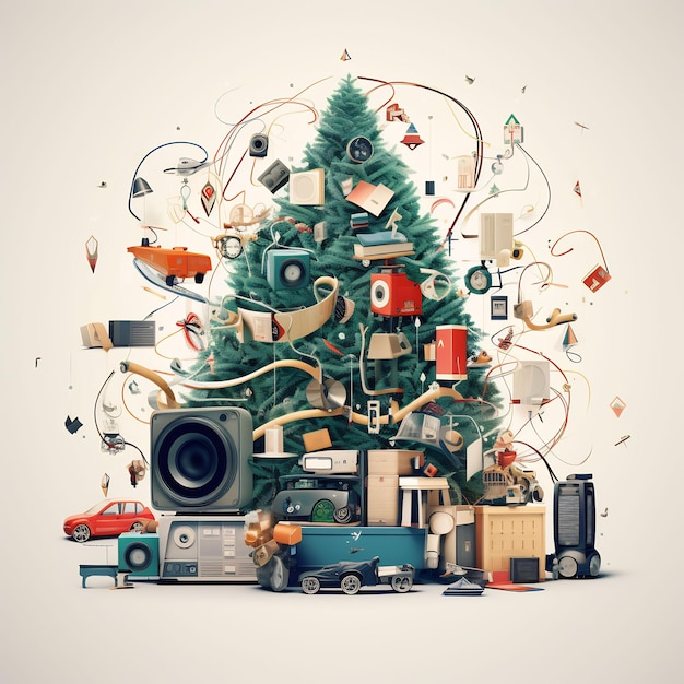 een kerstboom met een heleboel speelgoed en een camera in het midden
