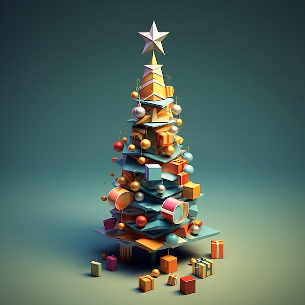 Een kerstboom met een ster erop en een kerstboom met een doos erop