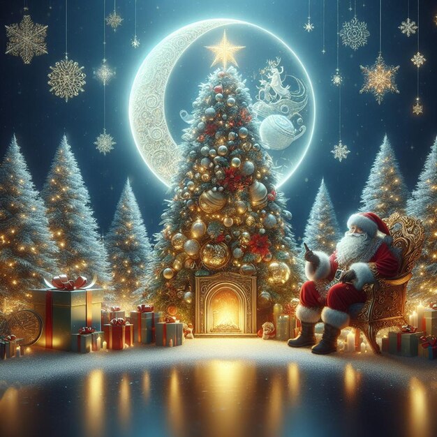 een kerstboom met een ster erop en een kerstmanhoed erop