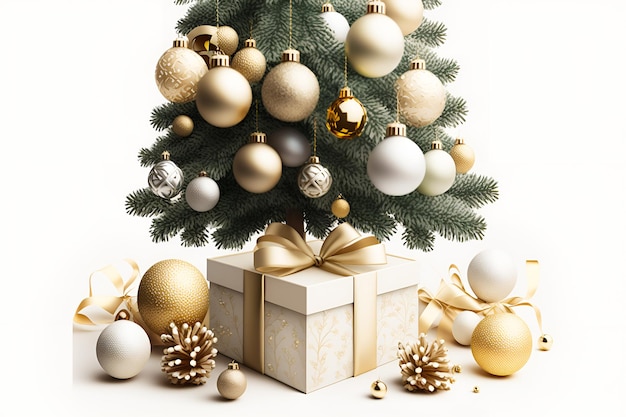 Een kerstboom met gouden ornamenten en een cadeautje eronder