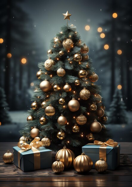 een kerstboom met gouden sieraden en geschenken