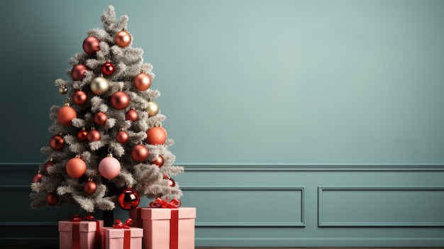 Een kerstboom met ornamenten en cadeautjes voor een blauwe muur