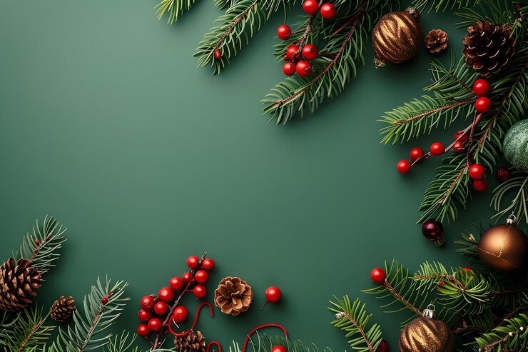 Foto een kerstboom met rode bessen en een groene achtergrond