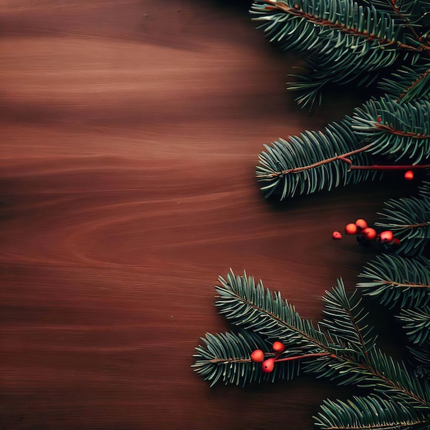 Een kerstboom met rode bessen op een houten achtergrond