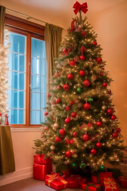 Een kerstboom met rode en groene versieringen en rode ballen erop.