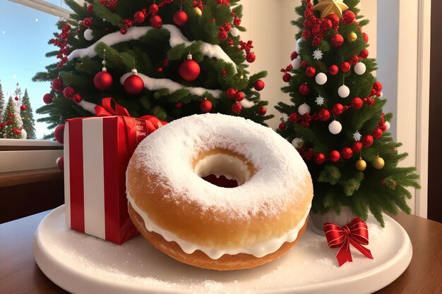 Een kerstboom met rode en witte versieringen en een donut erop